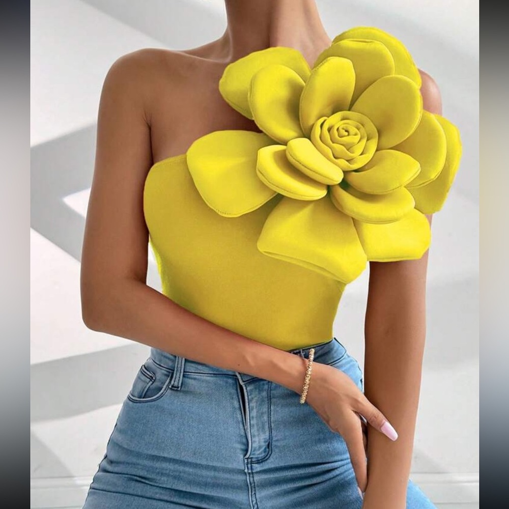 Elegant Appliqué 3D Floral One Shoulder Top Shirt Blouse Yellow
